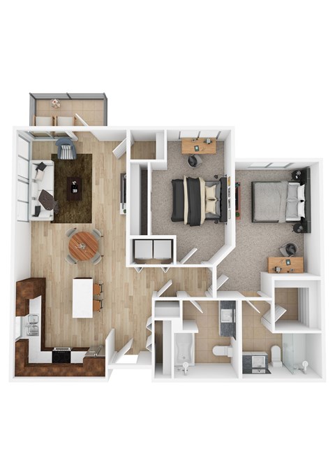 Floor plan for 2 beds, 2 baths, 1027 sqft